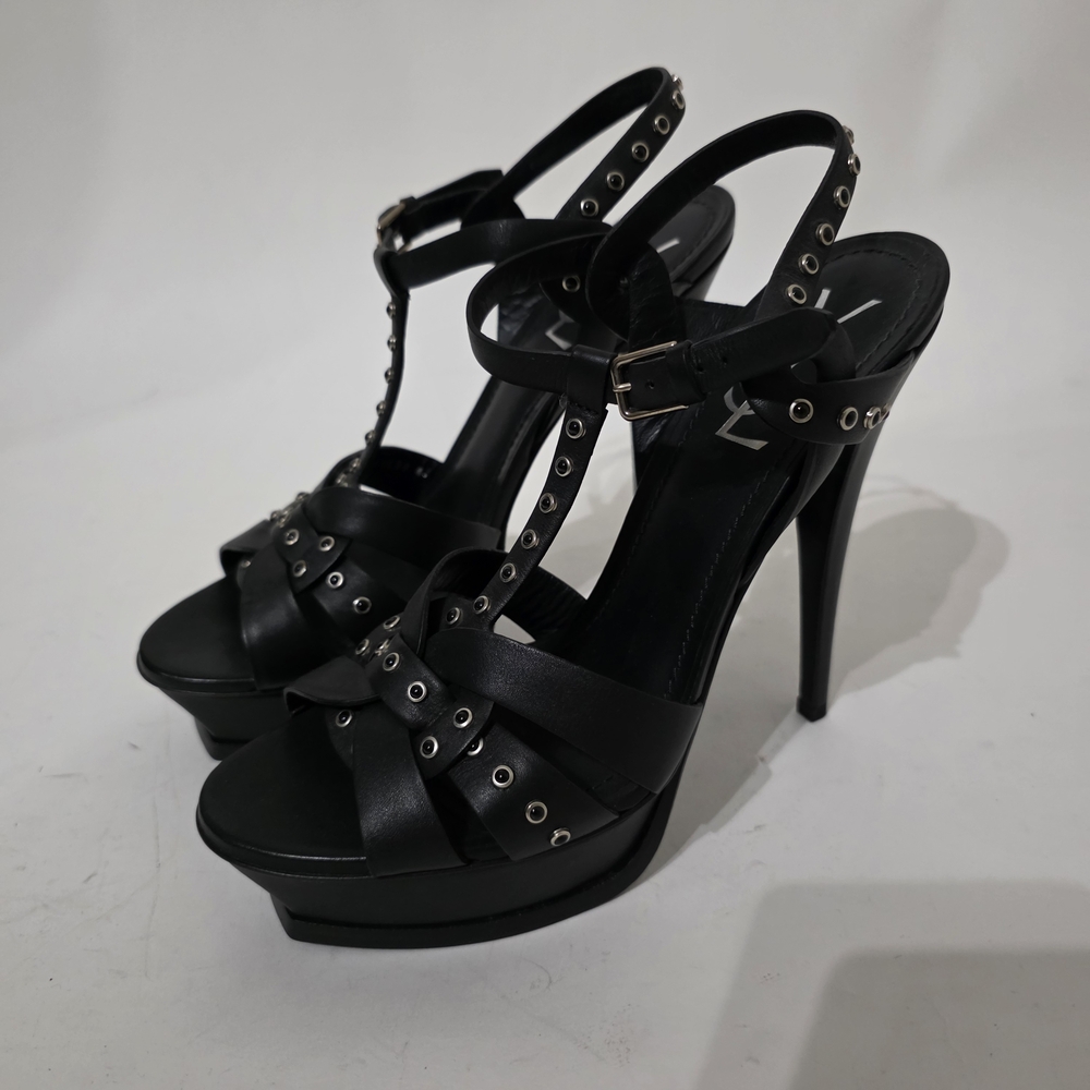 Saint Laurent Tribute Black Studded Strappy Platform Heels Women’s Size 40 - Picture 2 of 9
